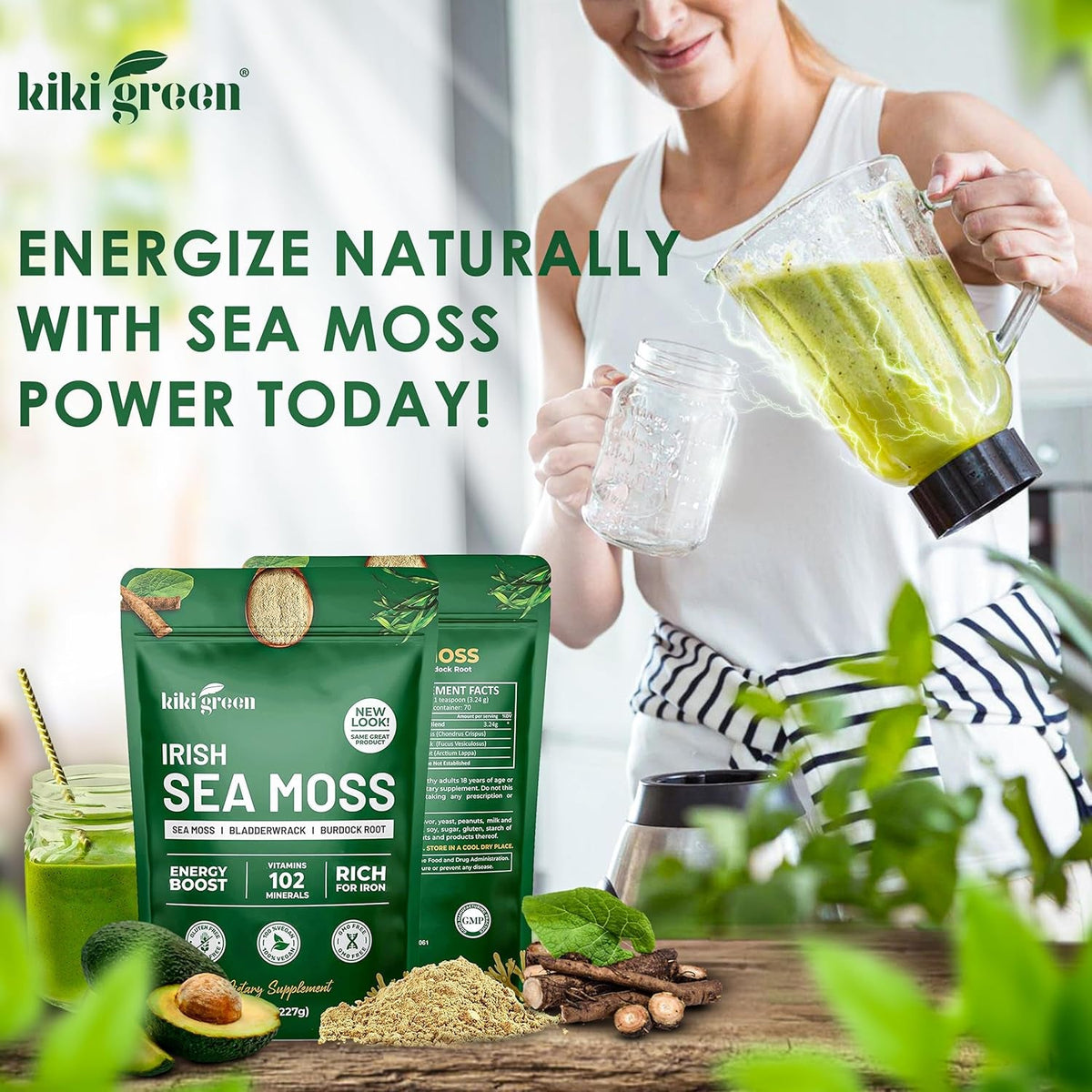 KIKI Green Irish Sea Moss Powder 8 Oz - with Bladderwrack Burdock Root Extract for Immune Support - Keto, Vegan Supplement
