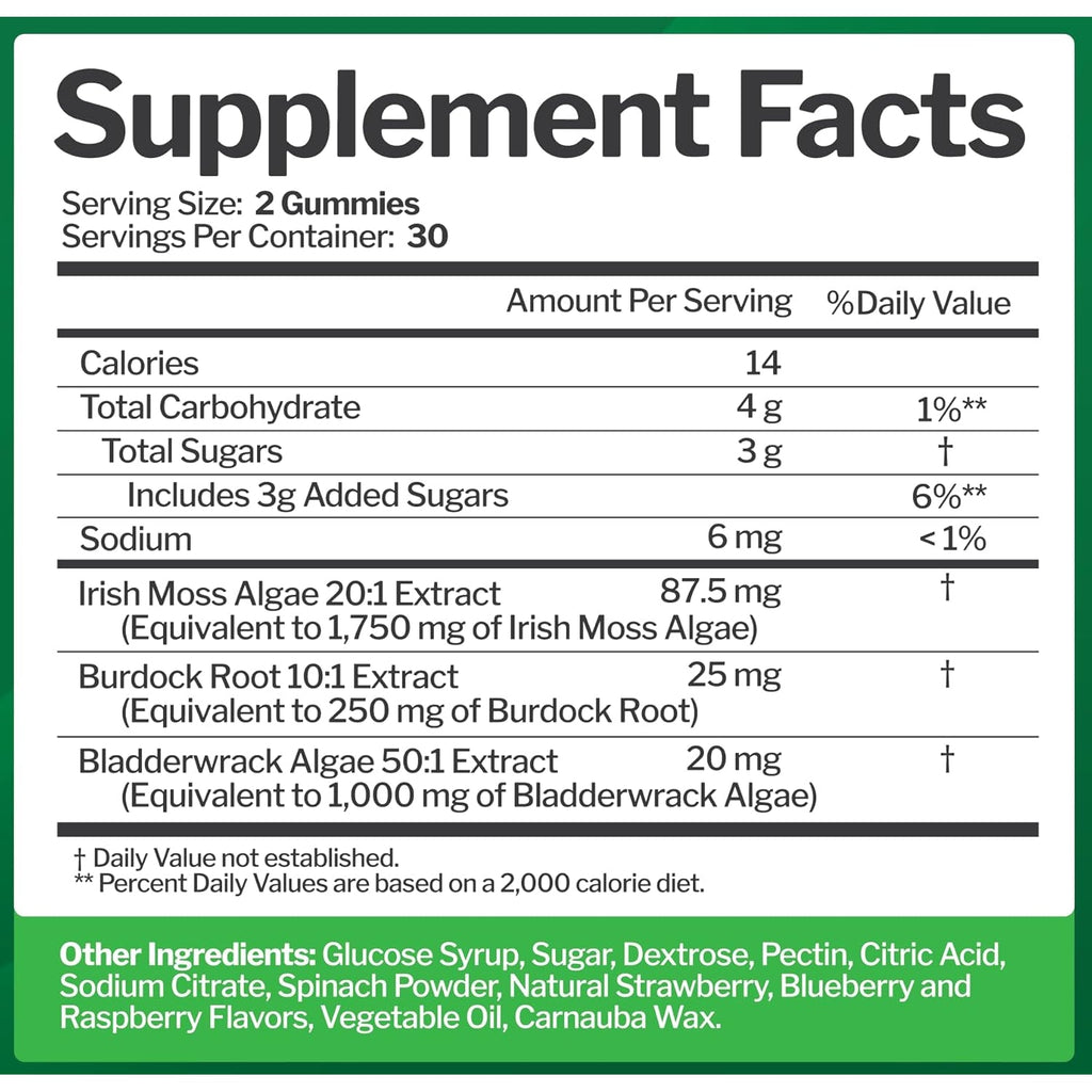 Sea Moss 3000Mg Gummies with Bladderwrack and Burdock Root - Natural Irish Sea Moss Superfood for Immune, Thyroid and Detox Support - Extra Strength for Men & Women - Gluten-Free, Vegan - 60 Gummies