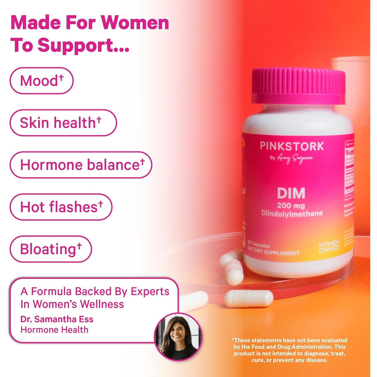 Pink Stork DIM Supplement for Women - Estrogen and Hormone Balance for Menopause, Perimenopause & PMS - DIM 200 Mg plus Bioperine for Mood Support - 60 Day Supply