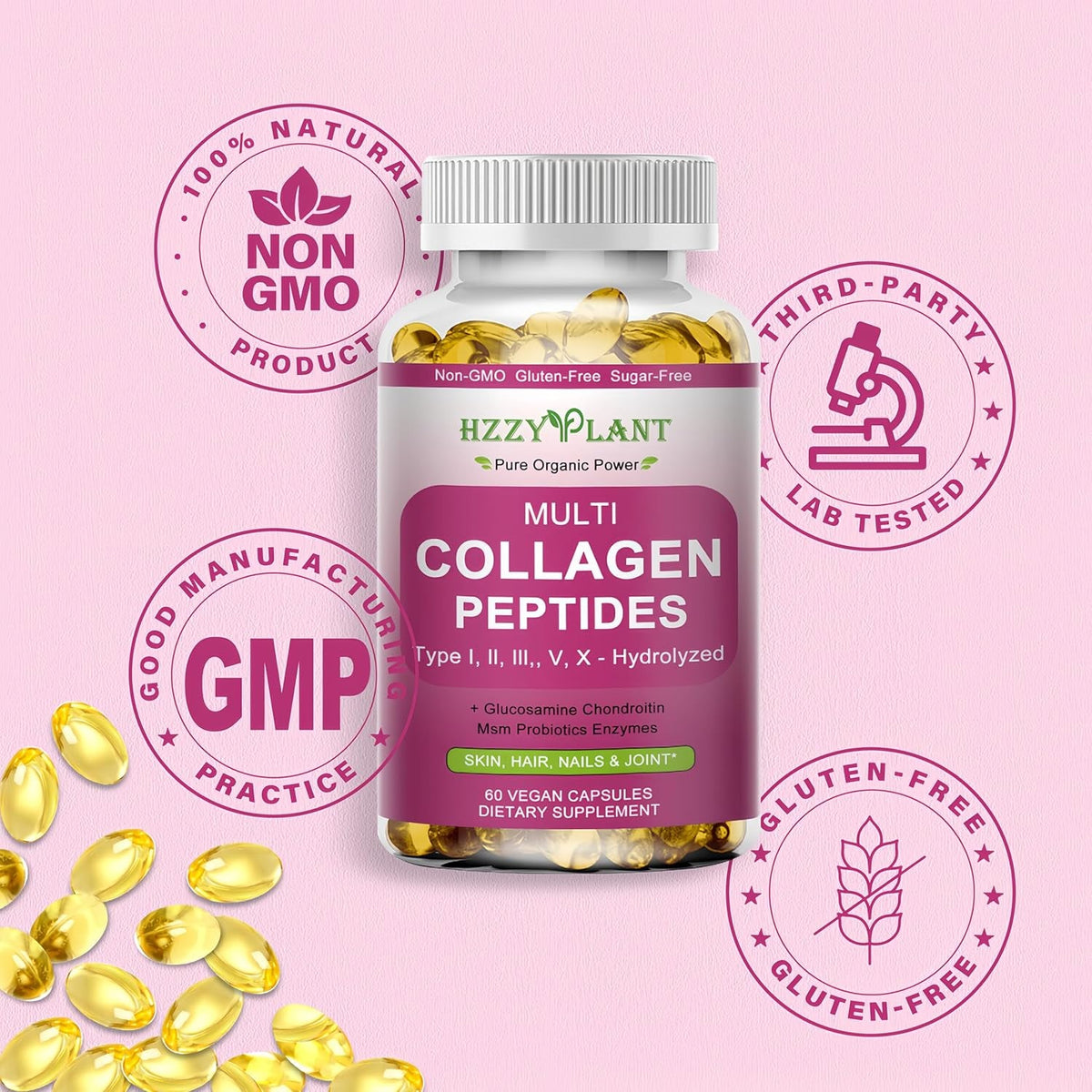 Multi Collagen Peptides Softgel - Type I, II, III, V, X - Hydrolyzed Collagen Peptides with Biotin Vitamin C Hyaluronic Acid for Women & Men, Supports Skin Hair Nail & Joint, Non-Gmo, 60 Servings