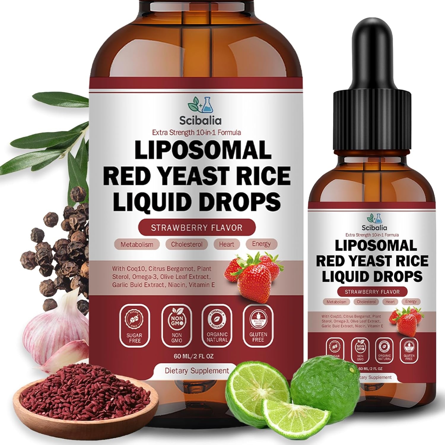 Liposomal Red Yeast Rice Liquid Drop 1200Mg 10-In-1 Organic Red Rice Yeast with Coq10 Citrus Bergamot Plant Sterols Garlic, Extra Strength Cholesterol Lowering Supplements for Women Men
