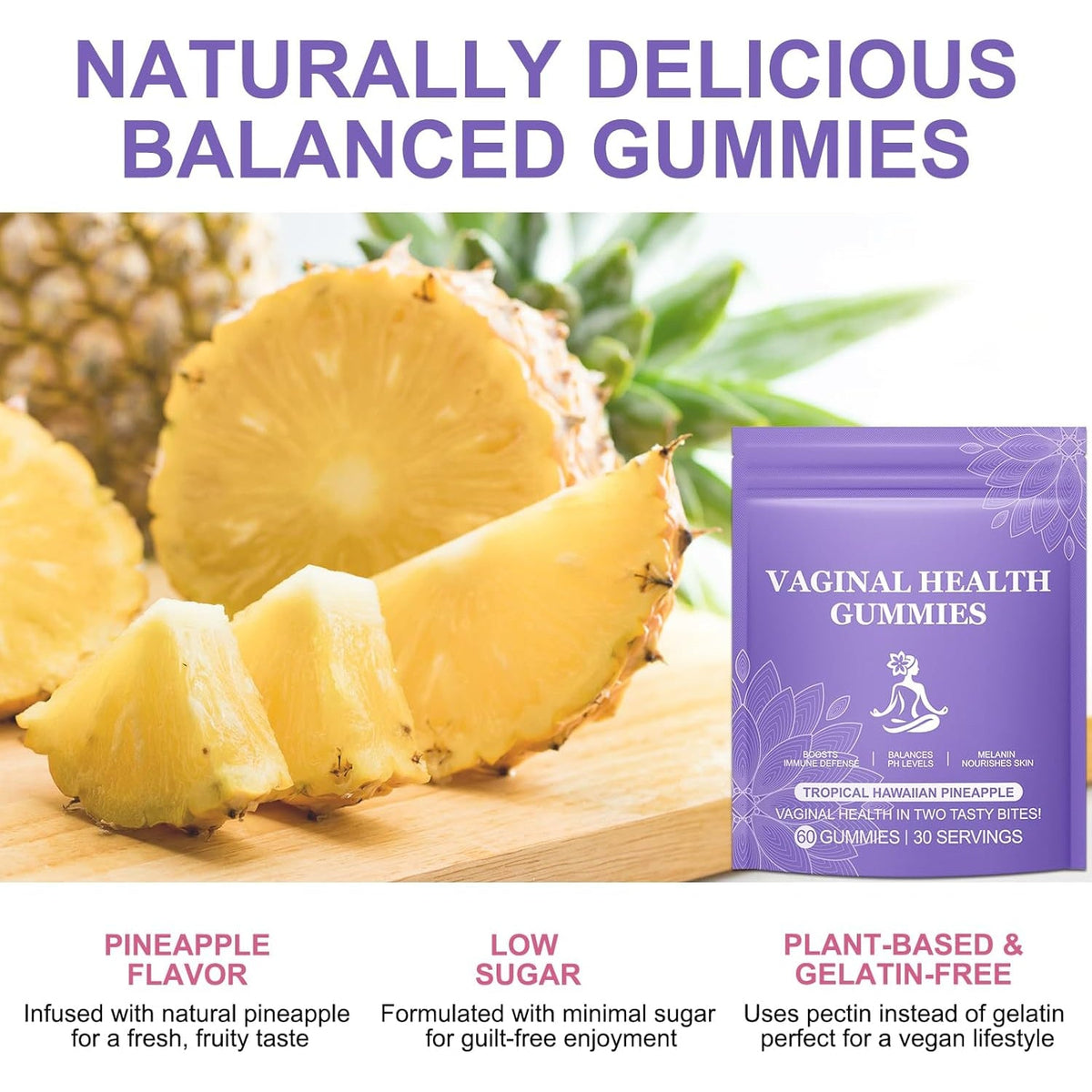 Pineapple Gummies for Women PH 60 Count, PH Balance for Women, Probiotics Vaginal Gummy, Improve Immune, Hawaiian Pineapple Flavor, Vegan & Low Sugar, Premium Balance Gummies