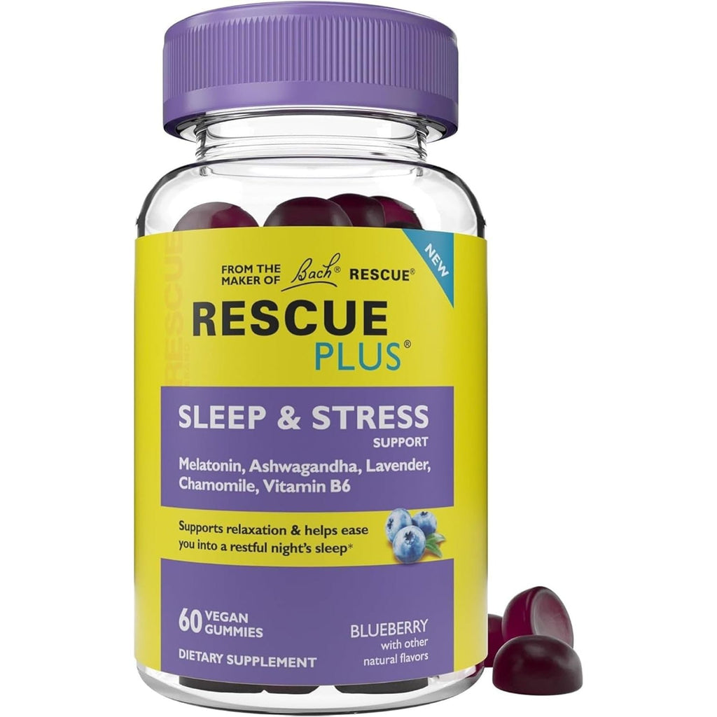 Bach RESCUE plus Sleep & Stress Support Gummies, Nighttime Dietary Supplement with 1Mg Melatonin, Ashwagandha, Chamomile, Lavender & Vitamin B6, Natural Blueberry Flavor, Vegan & Gluten-Free, 60 Count
