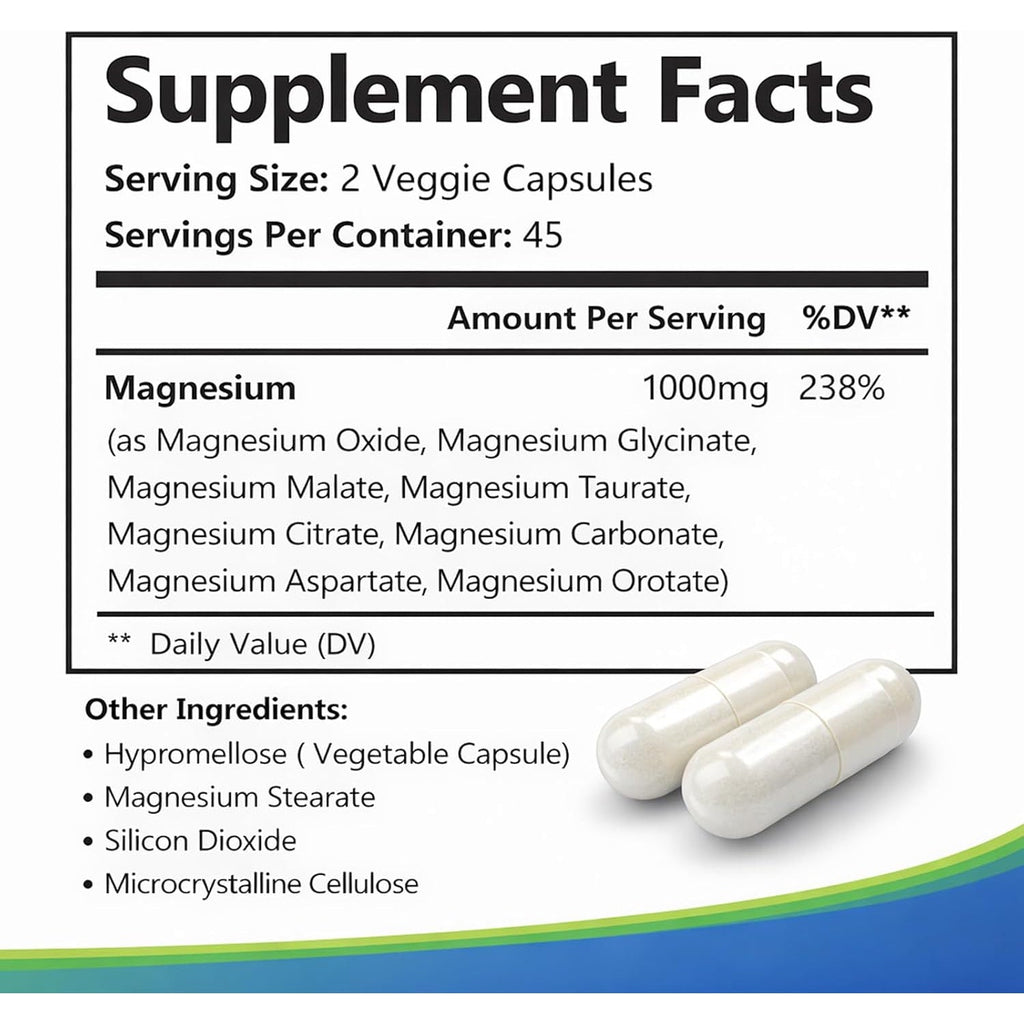 Magnesium Complex 1000 Mg, 8-Source Magnesium Blend with Glycinate, Citrate, Malate & Taurate, Vegan Formula, Non-Gmo, 90 Capsules