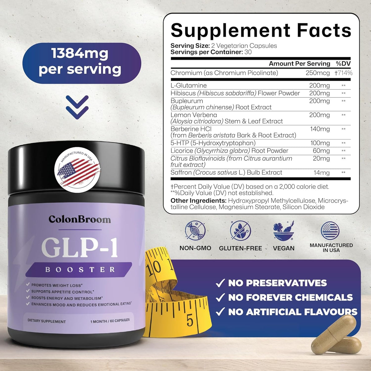 Colonbroom GLP-1 Weight Management Supplement for Women & Men - GLP1 Supports Appetite Control, Energy & Mood Balance - Vegan, Gluten-Free Diet Capsules | 60 Count