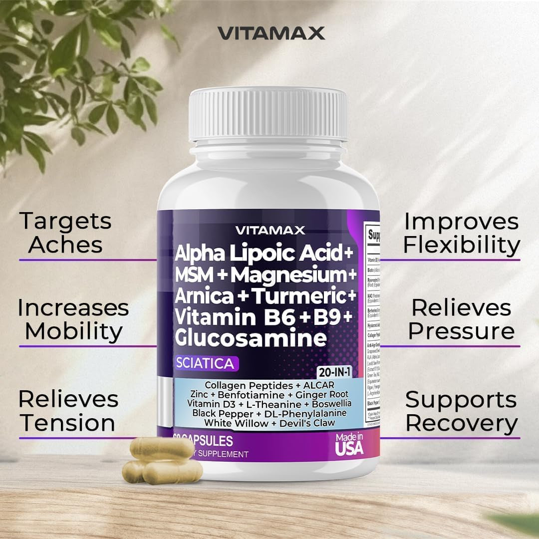 Sciatic Nerve Health Support - Sciatic Nerve Supplement Capsules with Folic Acid, Pea, Glucosamine, MSM, Vitamin B Complex, Alpha Lipoic Acid 300Mg – 60Ct – Made in USA