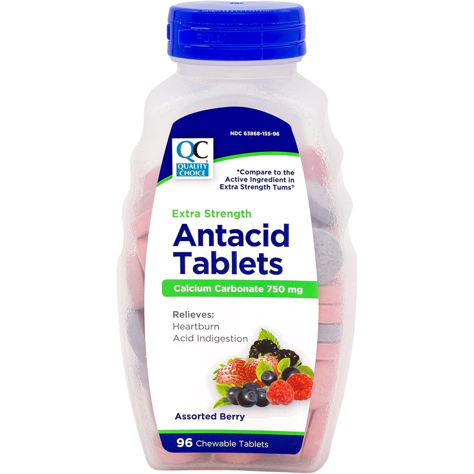Quality Choice Extra Strength Antacid Tablets, Calcium Carbonate 750 Mg, Assorted Berry, 96 Chewable Tablets (Pack of 2)