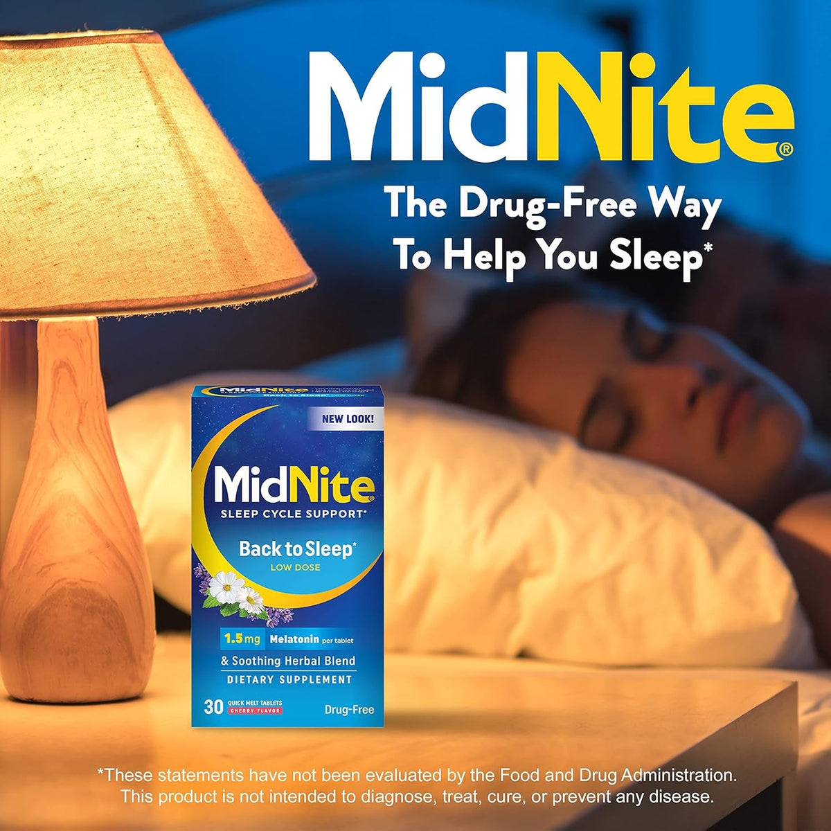 Midnite Back to Sleep Low Dose, 1.5 Mg Melatonin Sleep Aid, Non-Habit Forming, Herbal Dietary Supplement for Adults, Drug-Free, Gluten-Free & Lactose-Free, Vegetarian, Vegan, 30 Quick Melt Tablets