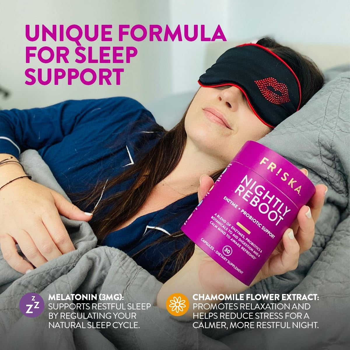Friska Nightly Reboot - Nighttime Digestive Enzymes, Probiotic for Gut Balance & Bloating Support, with Melatonin & Chamomile to Promote Relaxation & Sleep, 30 Capsules