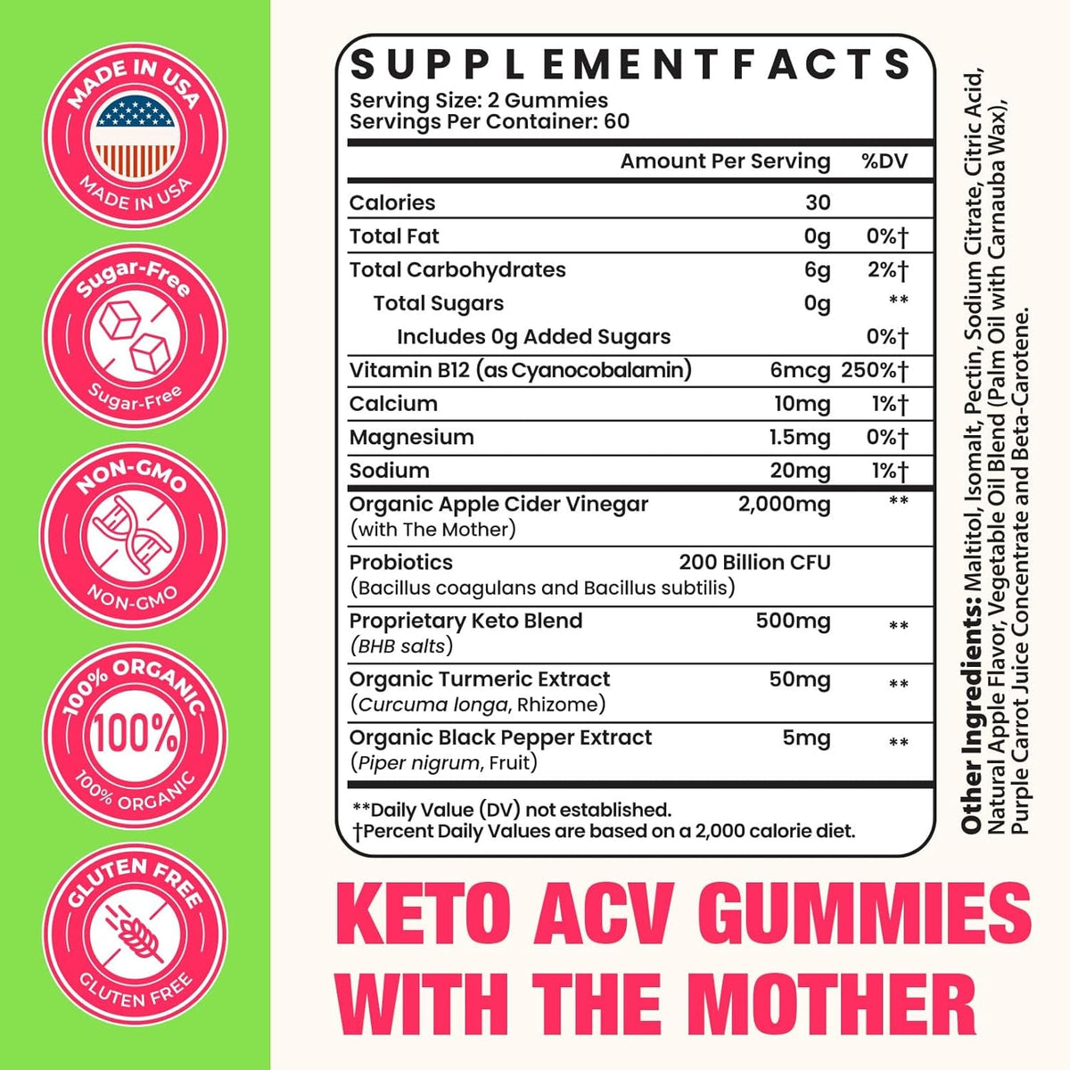 Apple Cider Vinegar Gummies, Keto ACV Gummies with the Mother, Advanced Formula with Probiotics, Vitamin B12 & Keto Blend, ACV for Cleanse & Detox, Metabolism, Digestion & Gut- Sugar Free, 120 Counts