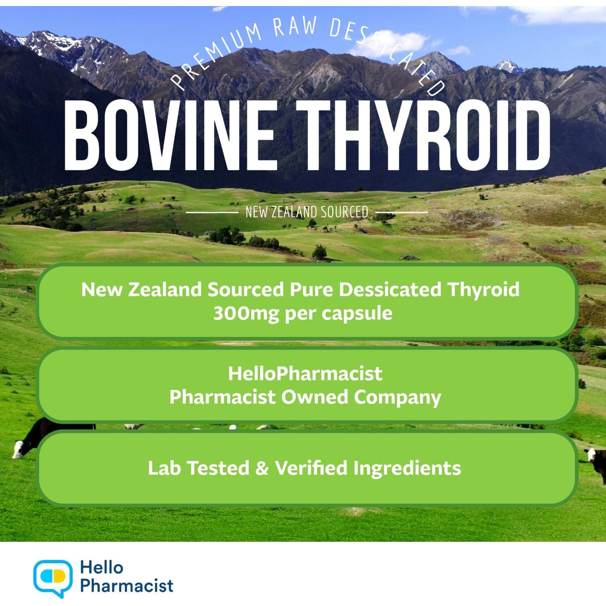 Raw Desiccated Bovine Thyroid 300Mg per Capsule - Energy & Metabolism Support - New Zealand Sourced, Grass Fed Freeze-Dried Glandular Bovine Beef Thyroid, Non-Gmo, Tested for Impurities - 60 Capsules