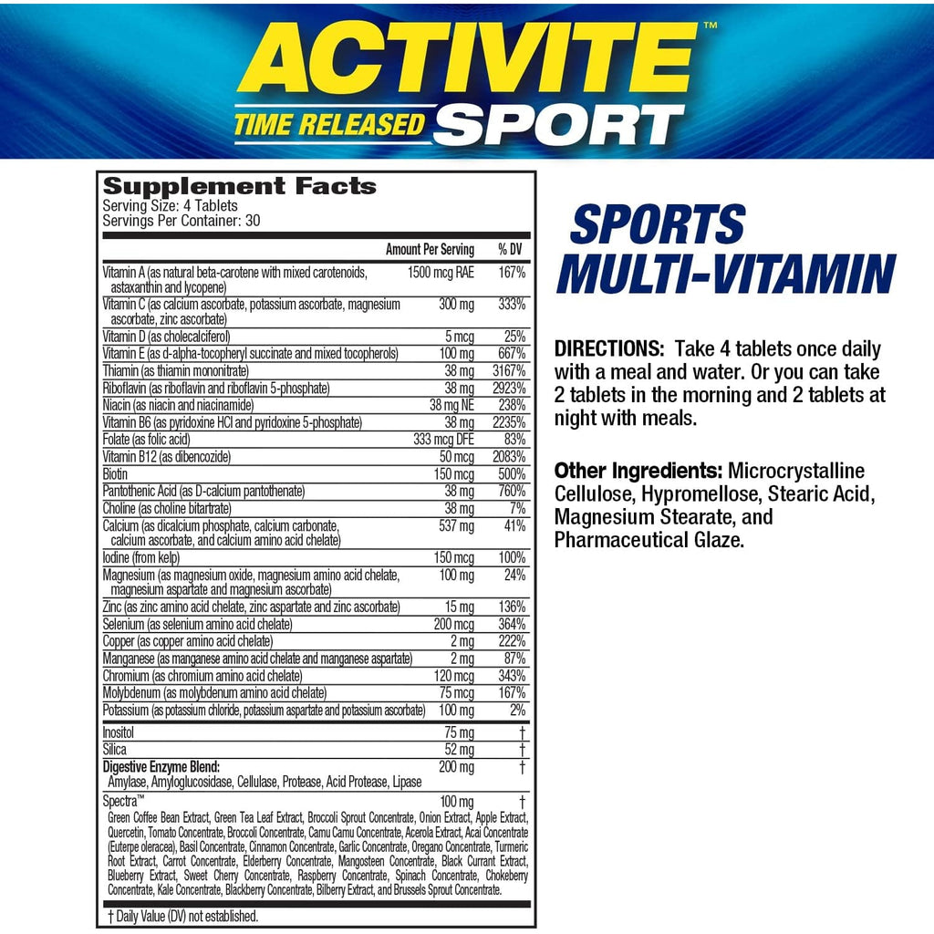 MHP Activite Sport Multi Vitamin, 25 Vitamins and Minerals, Nitric Oxide Booster, Digestive Enzymes, Antioxidants, 120 Tablets