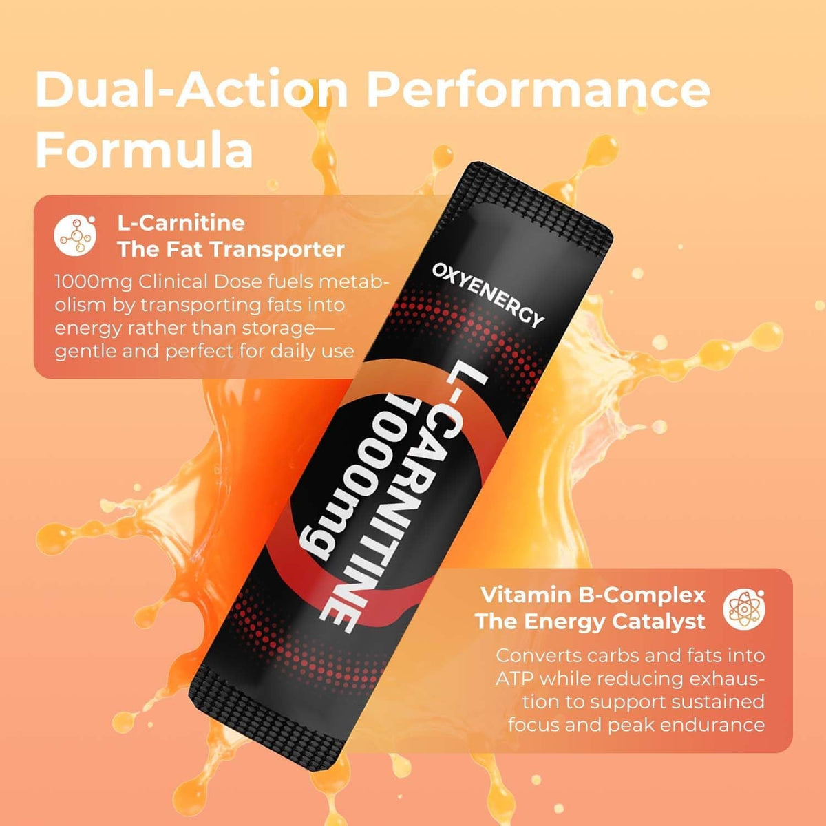 Oxyenergy Liquid L-Carnitine Supplement 1000Mg - Gentle for Daily Use, Zero Calorie, Sugar-Free, Stim-Free Fat Burning & Endurance Booster, 21 On-The-Go Individual Liquid Sticks