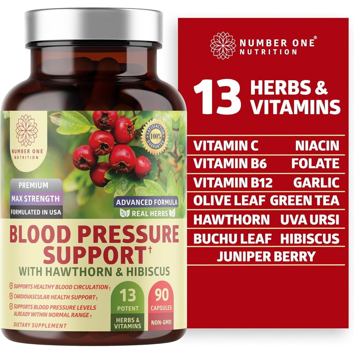 N1N Premium Blood Pressure Support with Hawthorn and Hibiscus, Natural Supplement to Support Blood Flow Health, 90 Caps