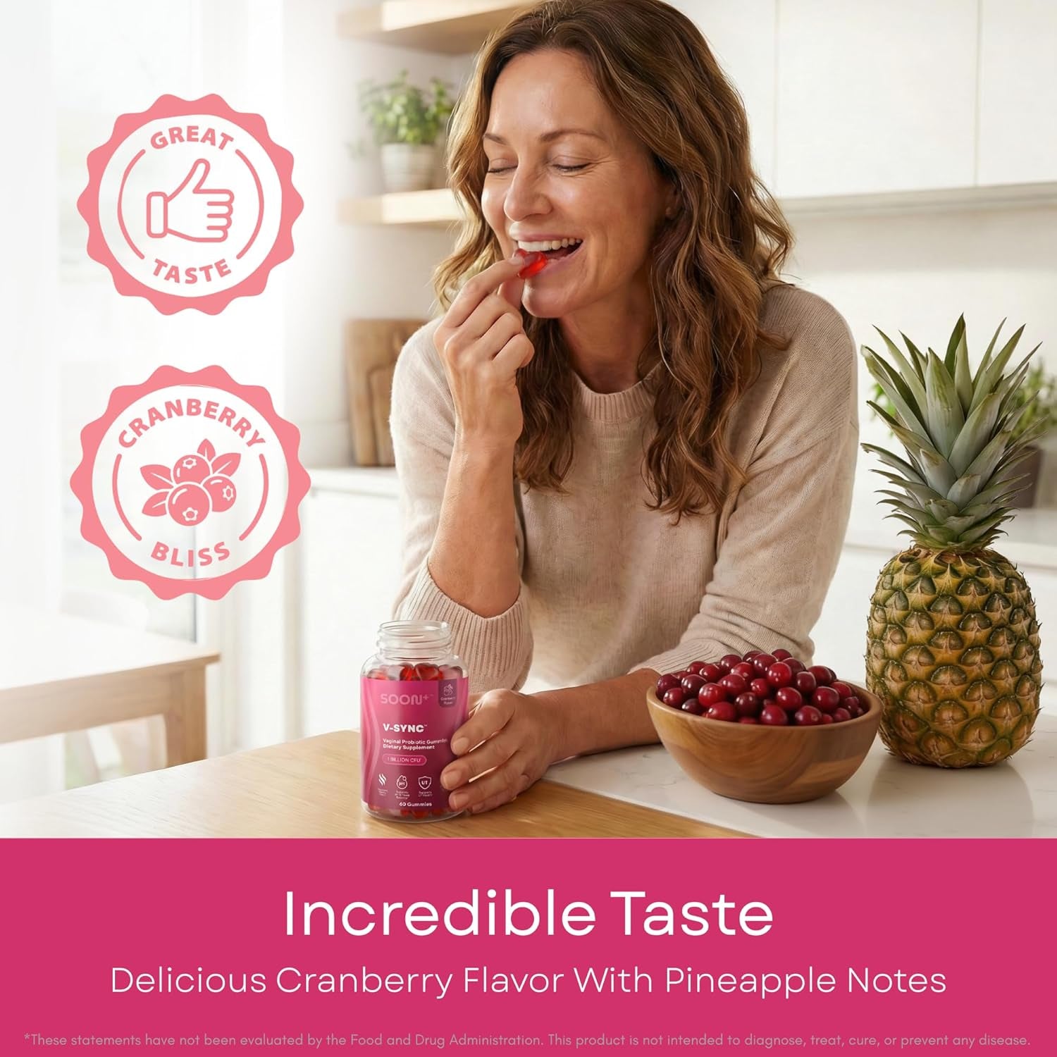 SOON+ Feminine Balance Gummies for Women, V-Sync Pineapple Probiotics for Ph Balance Support * Vaginal, Urinary, Immune, Digestive Wellness * with Bacillus Coagulans, Cranberry, Vitamin C, 60 Gummies