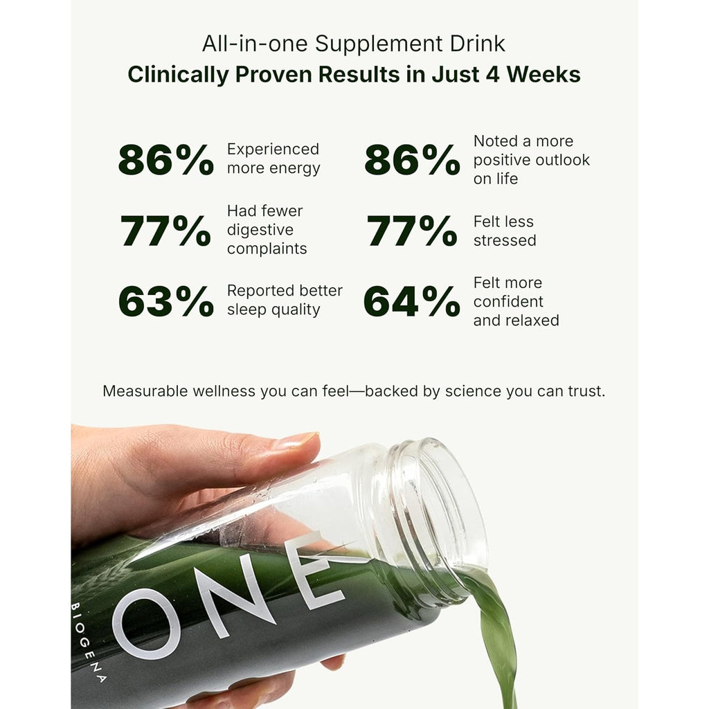 BIOGENA ONE All-In-One Super Greens Powder - 30 Travel Packs + Shaker - Supports Energy Metabolism & Immune Function**- 99 Nutrients with Probiotics, Vitamins & Coq10 - No Added Sugar - Apple-Kiwi