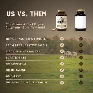 HEART & SOIL – 100% Grass Fed & Finished Beef Organs from Regenerative Cattle with Liver, Heart, Kidney, Pancreas & Spleen – 3000Mg Beef Organ Supplement for Women & Men – Glass Bottle – 180 Capsules