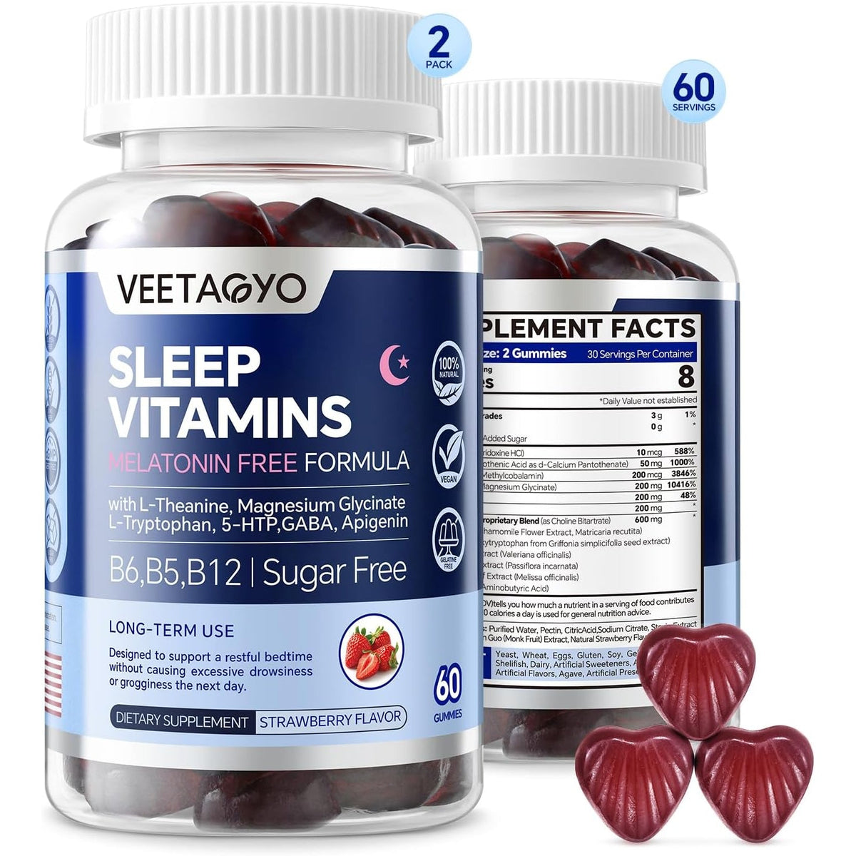 VEETAGYO Melatonin Free 5-HTP GABA Supplement Gummies for Adults & Kids 12+ with L-Theanine, Magnesium Glycinate, L-Tryptophan, Apigenin - Sugar Free, Strawberry Flavor, Vegan, 120 Count