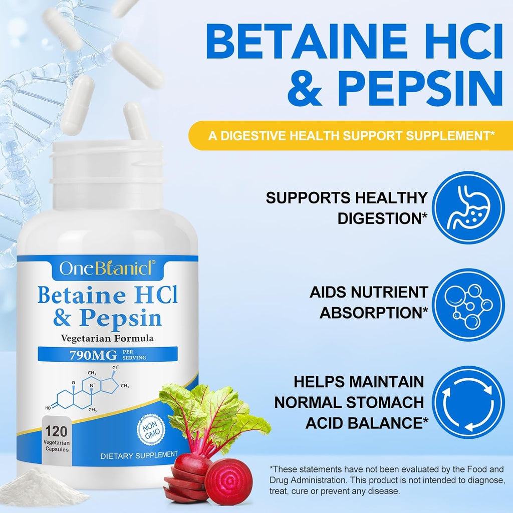 Betaine Hcl with Pepsin Digestive Enzymes Supplement, 120 Vegan Capsules, 790Mg Gluten-Free Formula for Digestive Support & Stomach Comfort, Plant-Based, Non-Gmo