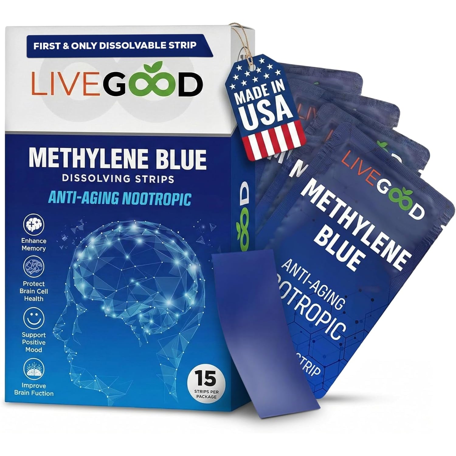 Methylene Blue Supplement for Mental Clarity and Memory – High Purity Pharmaceutical Grade Methylene Blue Strips – Fast-Acting Nootropic Brain Support – Mint Flavor, 15 Count (20Mg per Strip)
