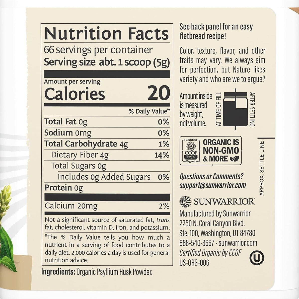 Sunwarrior Organic Psyllium Husk Powder – Plant-Based Fiber for Gut Health & Regularity – Supports Digestion & Satiety – Certified Organic, Gluten-Free, Non-Gmo, Keto-Friendly – 11.6 Oz