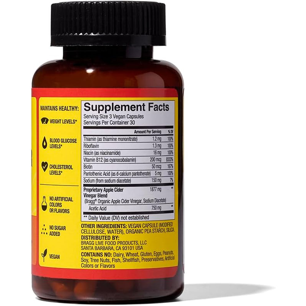 Bragg Energy Apple Cider Vinegar Capsules with B-12 Vitamins - 90 Capsules - Weight Management - Non-Gmo, Vegan, Gluten Free, No Sugar - Helps Generate Energy at Cellular Level for Men and Women