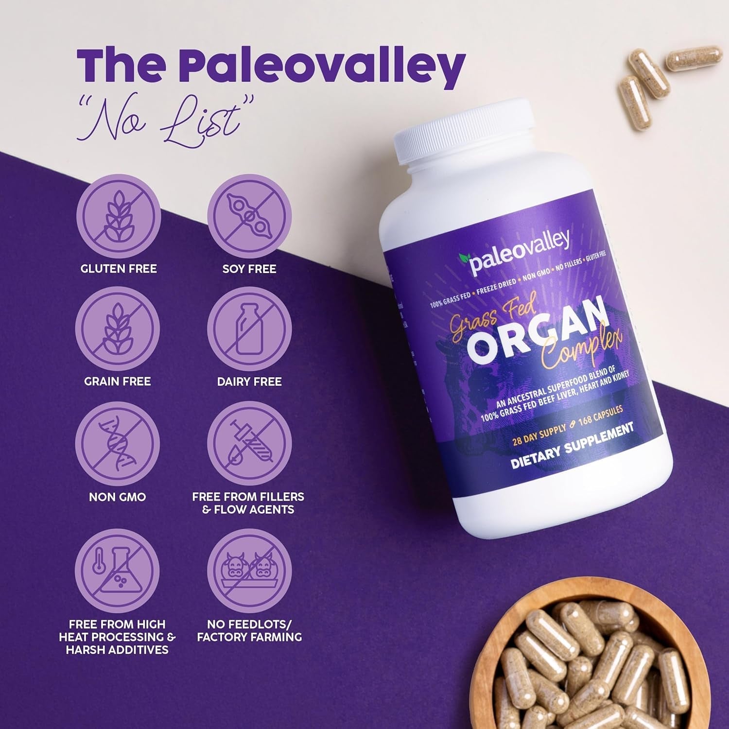 Paleovalley Grass Fed Beef Organ Complex - Freeze-Dried Beef Liver, Heart, and Kidney Blend, 1 Bottle