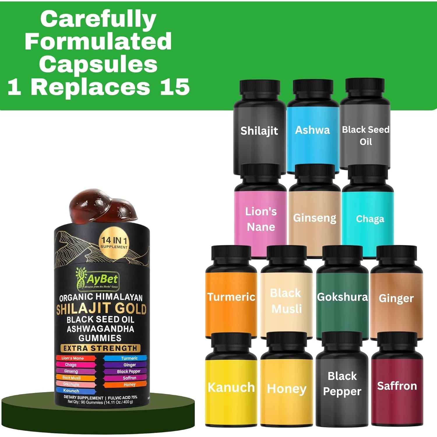 Organic Himalayan Shilajit Gold Gummies for Men and Women, Black Seed Oil, Ashwagandha, Ginseng, Turmeric, Gokshura, Lion'S Mane, Lab Tested, No Sugar Added, Halal, 90Gummy