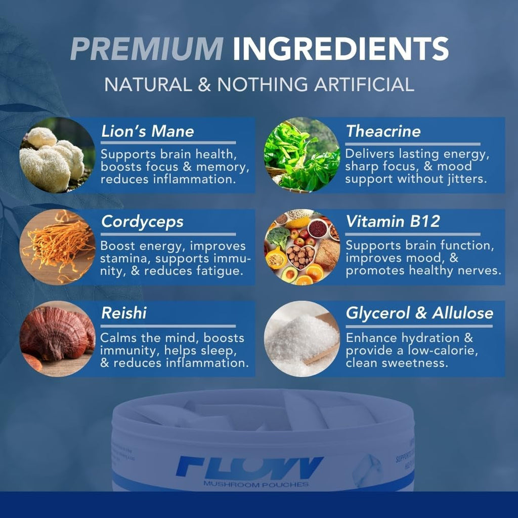 Flow Pouches Mushroom Nootropic Pouches - 600Mg Organic Mushroom Energy Ultra Pouches with Lion'S Mane, Reishi, Cordyceps for Focus & Clean Energy - Zero Caffeine or Sugar (5 Can Pack, Cool Mint)