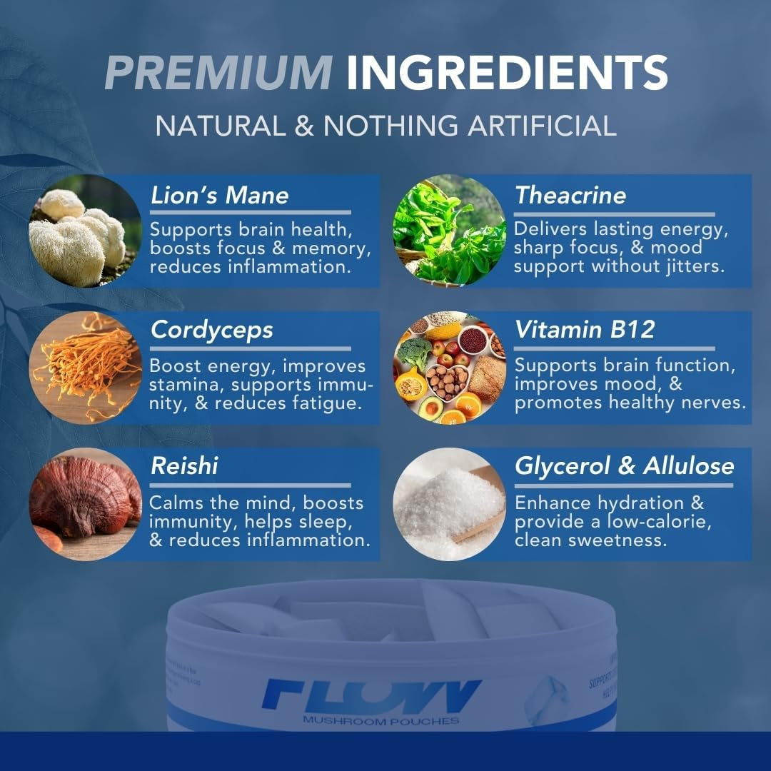 Flow Pouches Mushroom Nootropic Pouches - 600Mg Organic Mushroom Energy Ultra Pouches with Lion'S Mane, Reishi, Cordyceps for Focus & Clean Energy - Zero Caffeine or Sugar (5 Can Pack, Cool Mint)