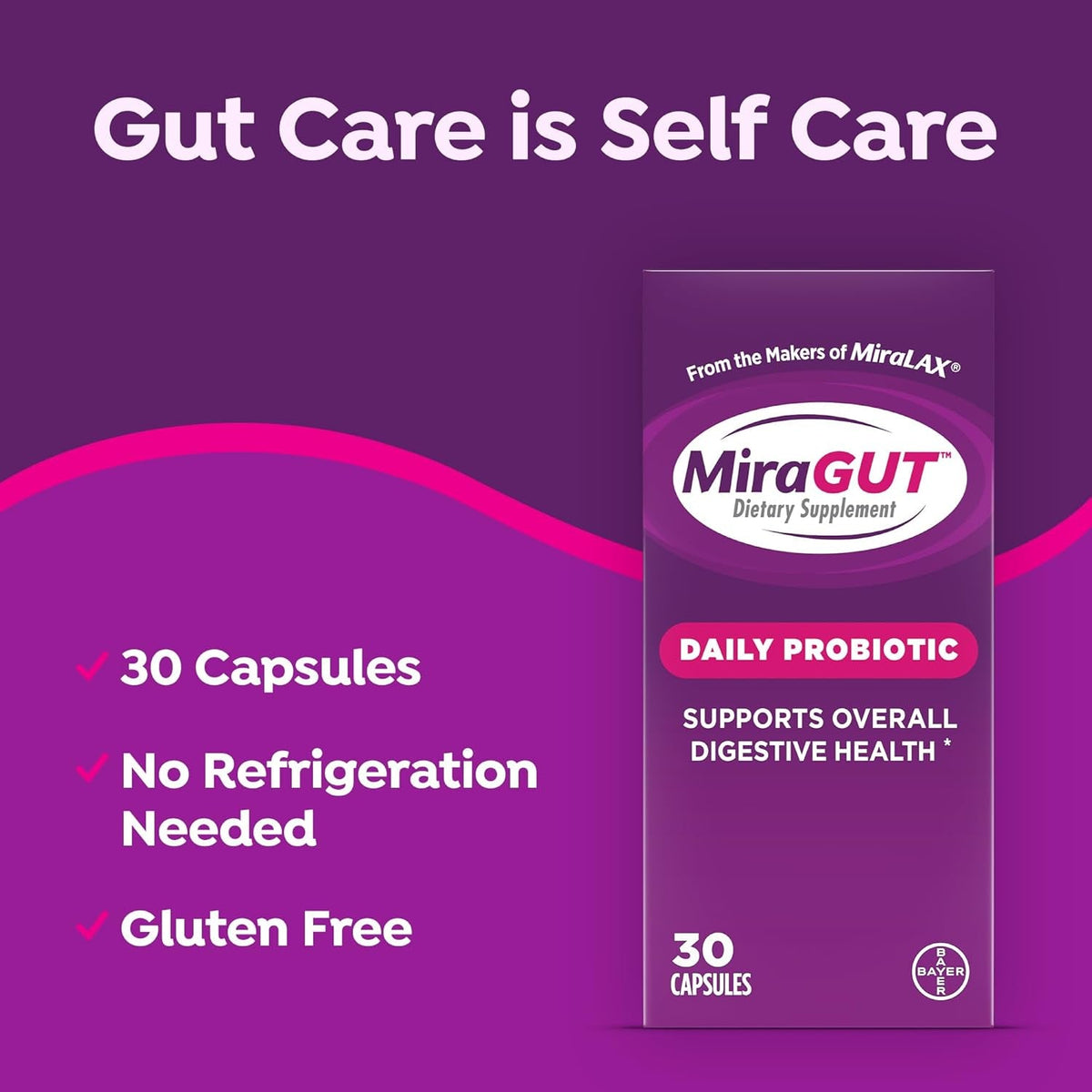 Miragut Daily Probiotic, from the Makers of Miralax, Probiotics for Digestive Health, Gluten-Free Supplement, Probiotic for Women and Men, Support Overall Digestive Health, 30 Ct