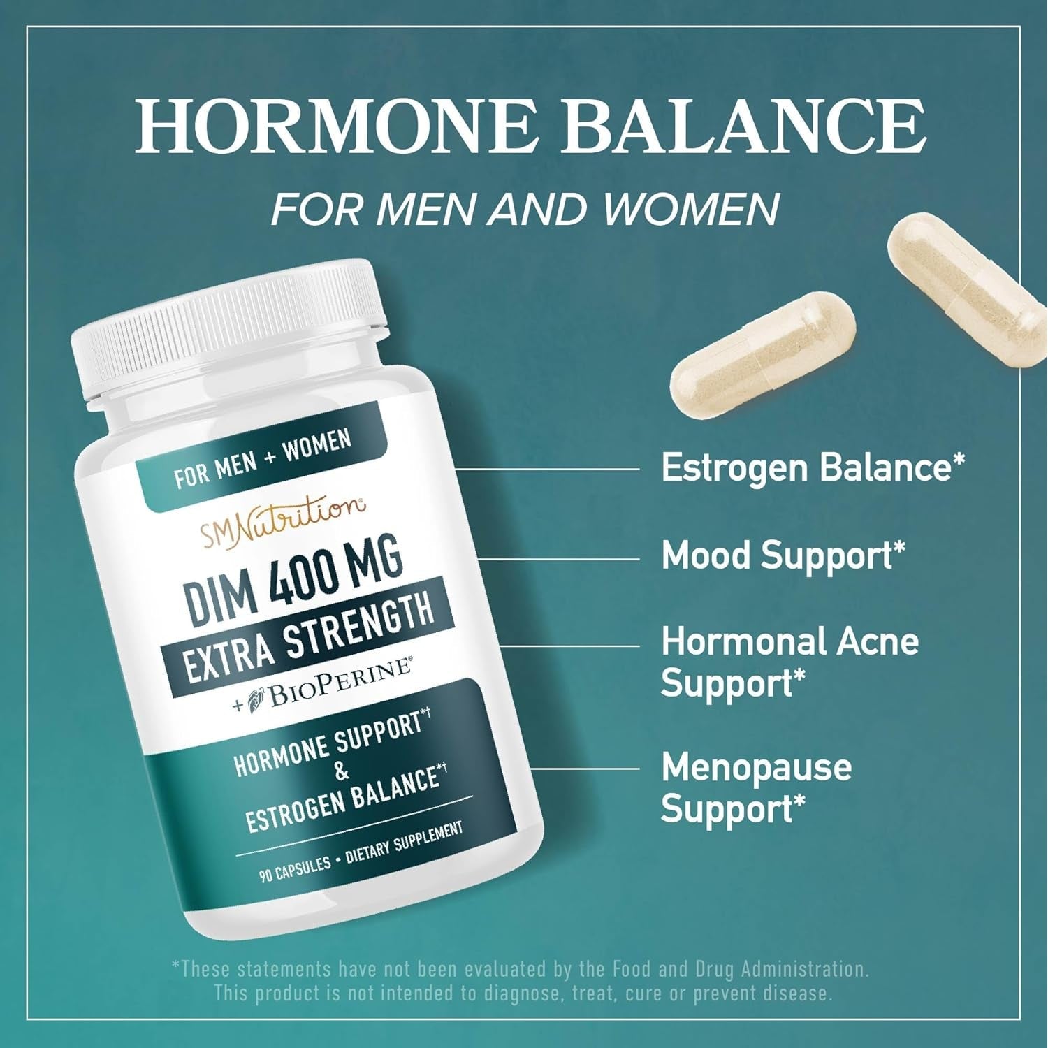 DIM Supplement 400MG Extra Strength | Hormone Balance for Men and Women | Menopause, Acne, Hot Flashes Relief, Prostate & Antioxidant Support | Third-Party Tested, Soy-Free, Gluten-Free | 90 Ct.