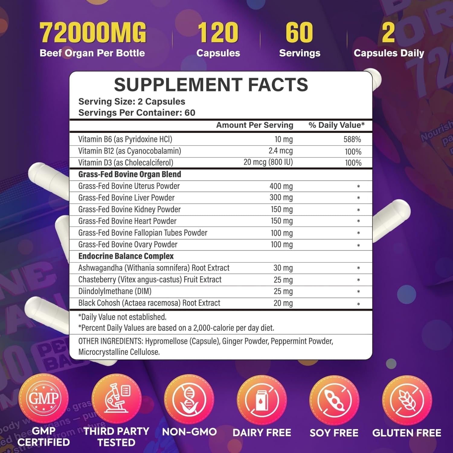 Beef Organ Supplement for Women - 100% Grass Fed Beef Organs with Bovine Liver, Ovary, Uterus, Kidney, Heart & Fallopian Tubes - PMS, Menopause & Energy, Immune & Mood Support, 120 Count