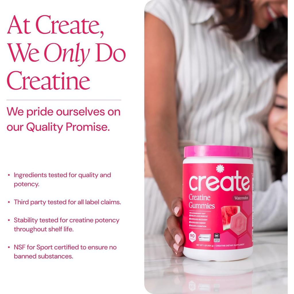 Create Creatine Monohydrate Gummies for Men & Women, Boost Focus, Strength, and Endurance, Anti-Melting Formula, Vegan, Gluten-Free, Non-Gmo, 1.5G of Creatine per Gummy (Watermelon)