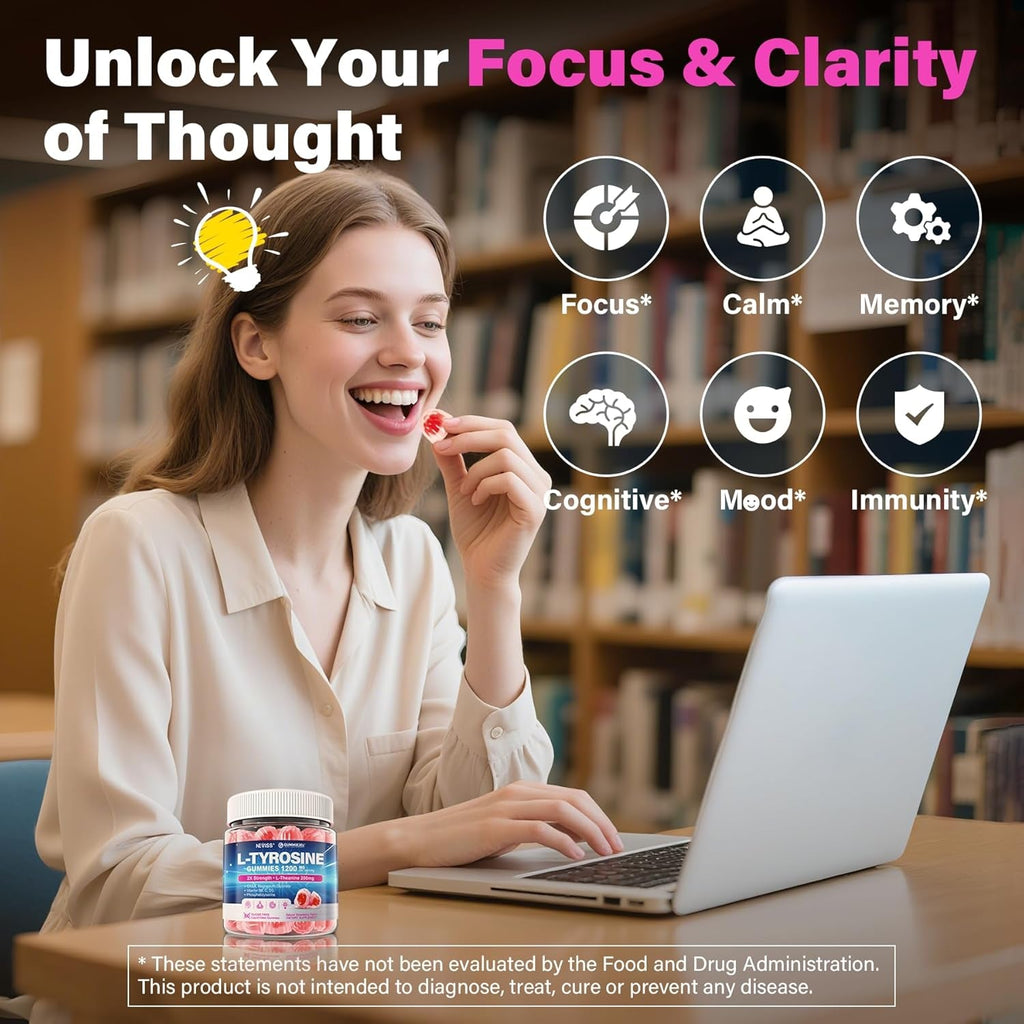L Tyrosine Gummies Supplement 1200Mg, GABA L-Theanine Supplement 200Mg with Magnesium Glycinate Vitamin B6, D3 & C - Calm & Focus Gummies - Brain Supplements for Memory, Mood & Relax for Adults, 60Cts