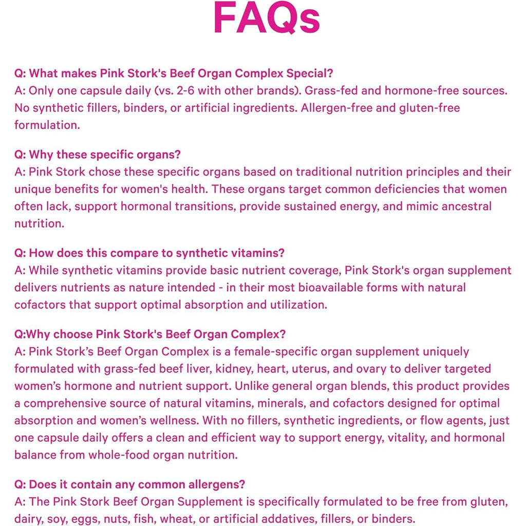 Pink Stork Beef Organ Supplement for Women | Grass-Fed Beef Liver Capsules with Iron, B12, Coq10, Vitamin a | Primal Multivitamin for Hormone + Energy Support | Clean Label Award Winner | 60 Capsules