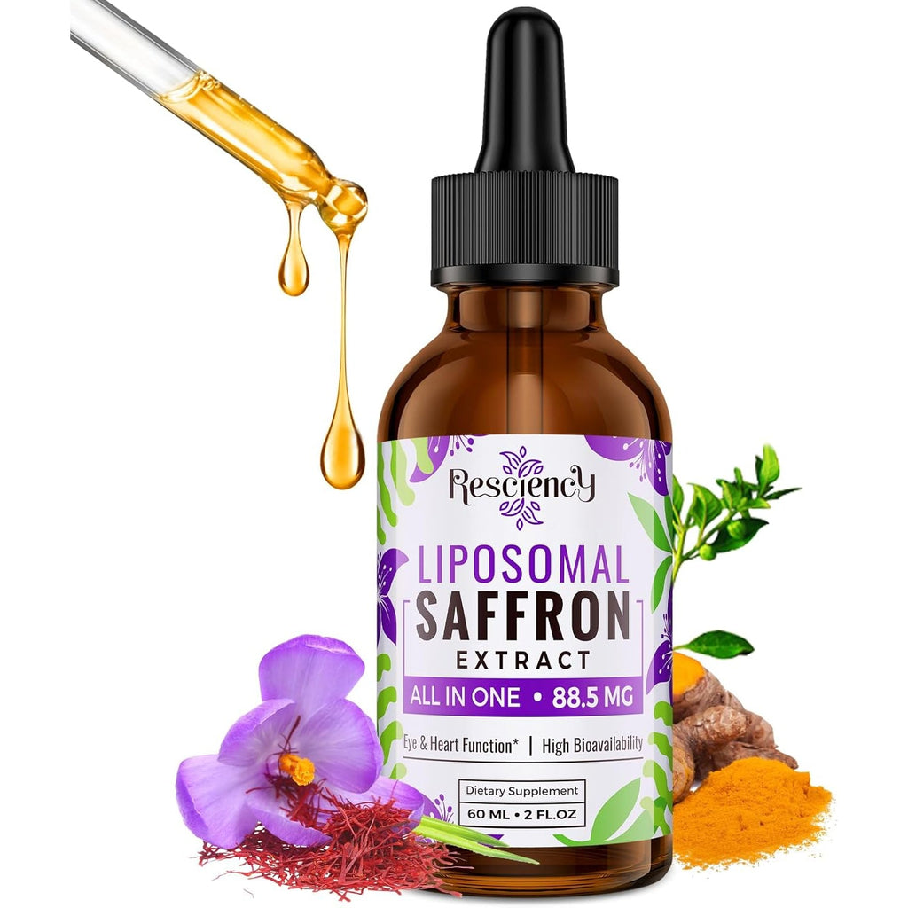 Resciency Liposomal Saffron Supplements Drops 88.5Mg – High Bioavailability Liquid Saffron Extract for Mood Support, Energy, Focus & Vision with Ashwagandha, Magnesium, Zinc, B12 & D3, 2 Fl Oz