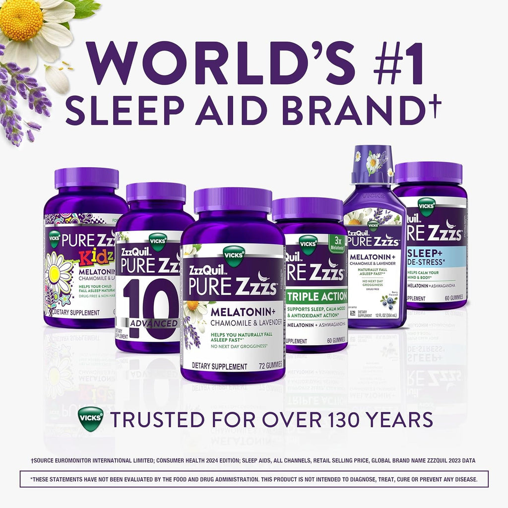 Zzzquil, Pure Zzzs Melatonin Gummies, Sleep Aid, Melatonin 2Mg, with Chamomile and Lavender, Melatonin Sleep Gummies, Sleep Aids for Adults, Wildberry Vanilla Flavored, 72 Sleep Gummies
