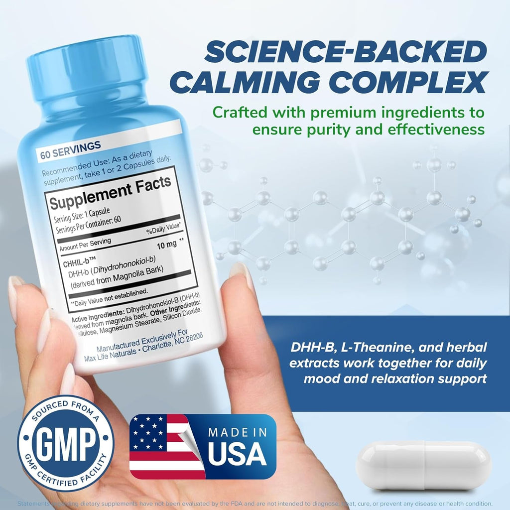 Chill Pill Happy Pills Mood Support Supplement for Women & Men with Magnolia Bark 60 Capsules, DHH-B Dihydrohonokiol-B Calm Pills, Minerals and Chill Formula for Relaxation & Balance, Made in USA