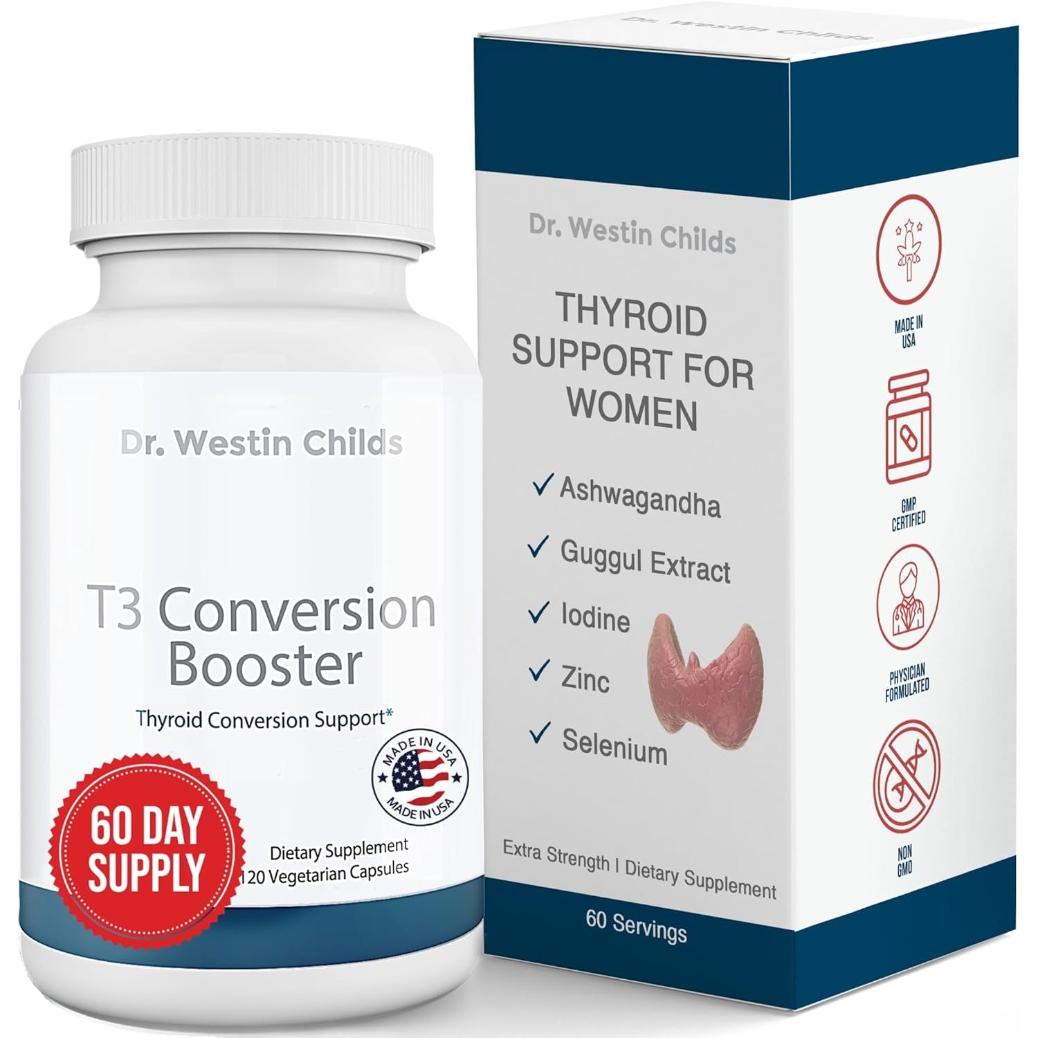 Dr. Westin Childs T3 Conversion Booster - Thyroid Support for Women & Men with Hypothyroidism & Hashimoto’S, Iodine, Ashwagandha, Guggul Extract, Selenium & Zinc Complex, 60 Servings