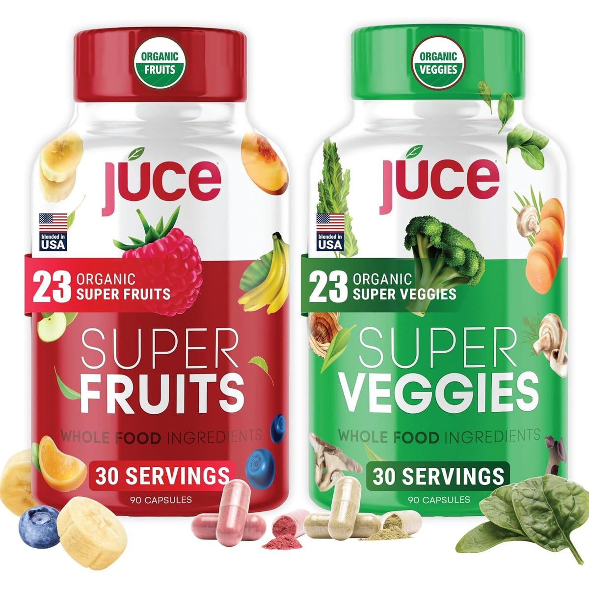 Juce Original Formula - Organic Super Fruit & Veggies Supplement - Gluten/Gelatin Free, Soy Free & Vegan- Reds & Greens Superfood Capsules- 23 Fruits & 23 Vegetables (180 Count)- by Terra Kai Organics