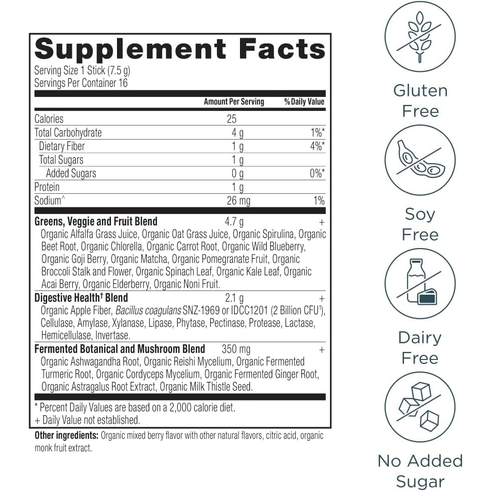 Ancient Nutrition Supergreens Powder with Probiotics, Organic Berry Flavor Greens, Made from Real Fruits, Vegetables and Herbs, Digestive and Energy Support, 16 Stick Packs, 4.2Oz