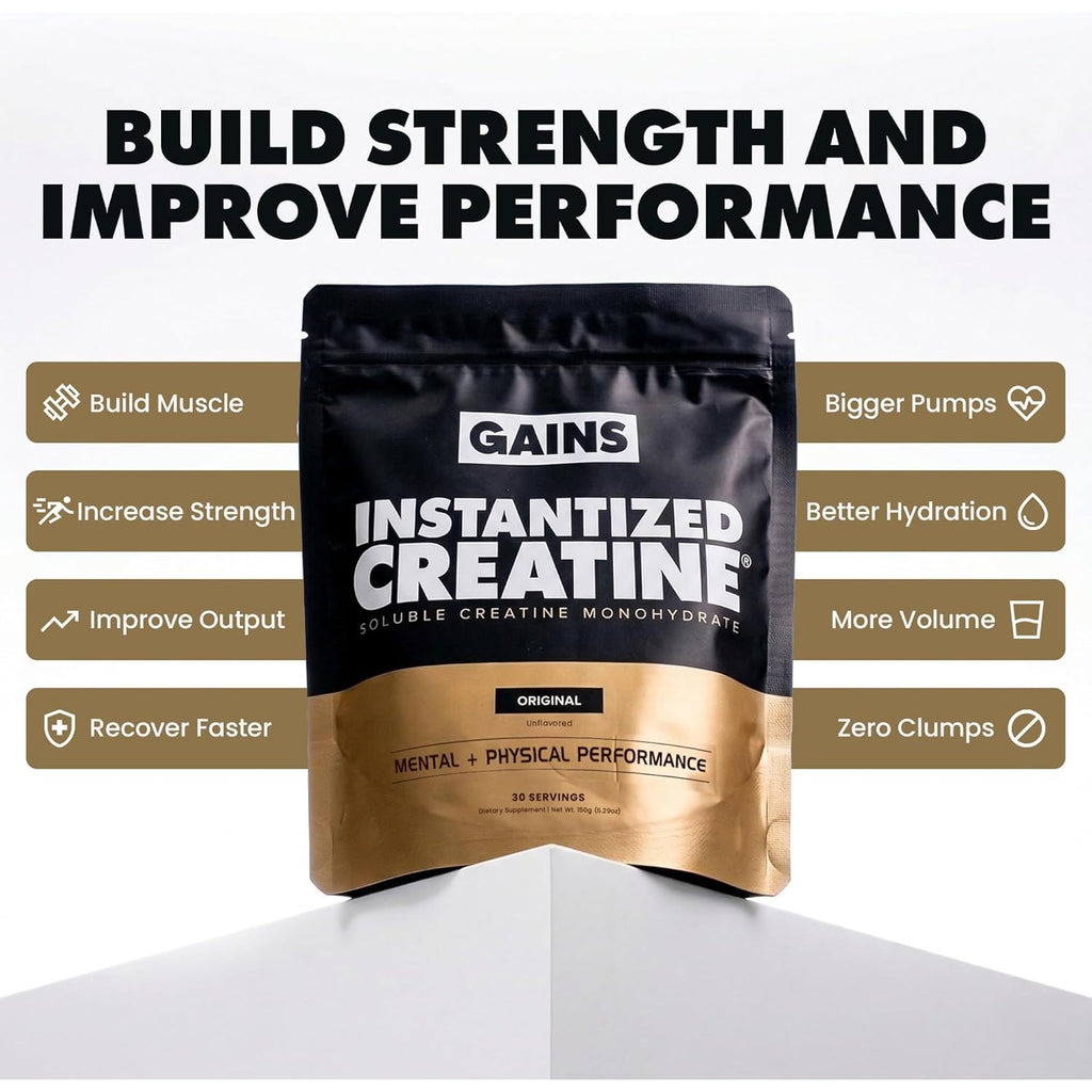 Gains in Bulk Instantized Creatine Monohydrate for Men & Women, Soluble Creatine Powder, Supports Muscle Building, Strength and Performance, Bodybuilding Supplements, Unflavored, 30 Servings
