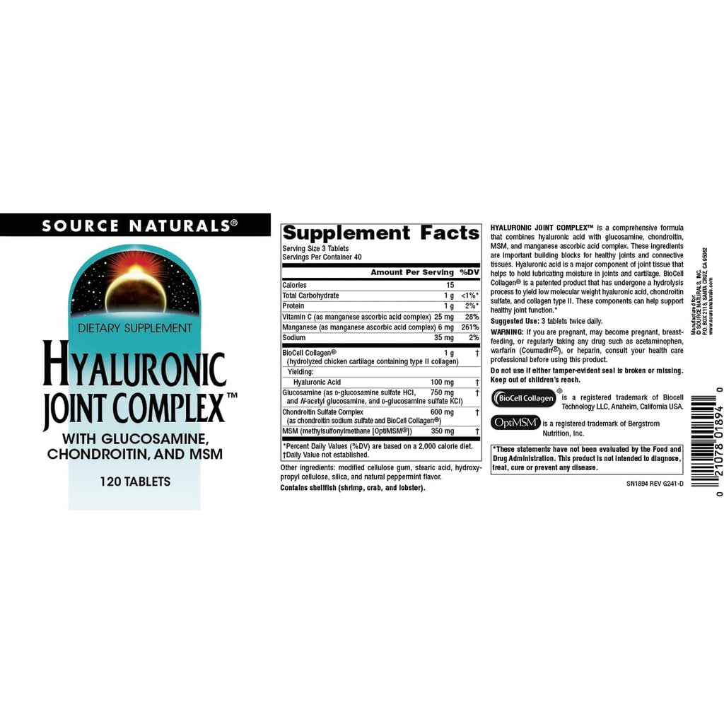 Source Naturals Hyaluronic Joint Complex with Glucosamine, Chondroitin & MSM Extra Strength - 120 Tablets