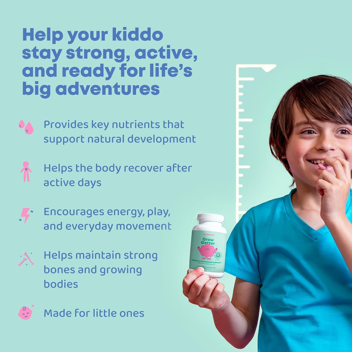 Joyspring Growth Vitamins for Teens & Height Support for Kids - Encourages Stronger Bones & Healthy Natural Growth - Sugar Free - L-Arginine, L-Lysine, Zinc, Vitamin D & K2-30 Servings