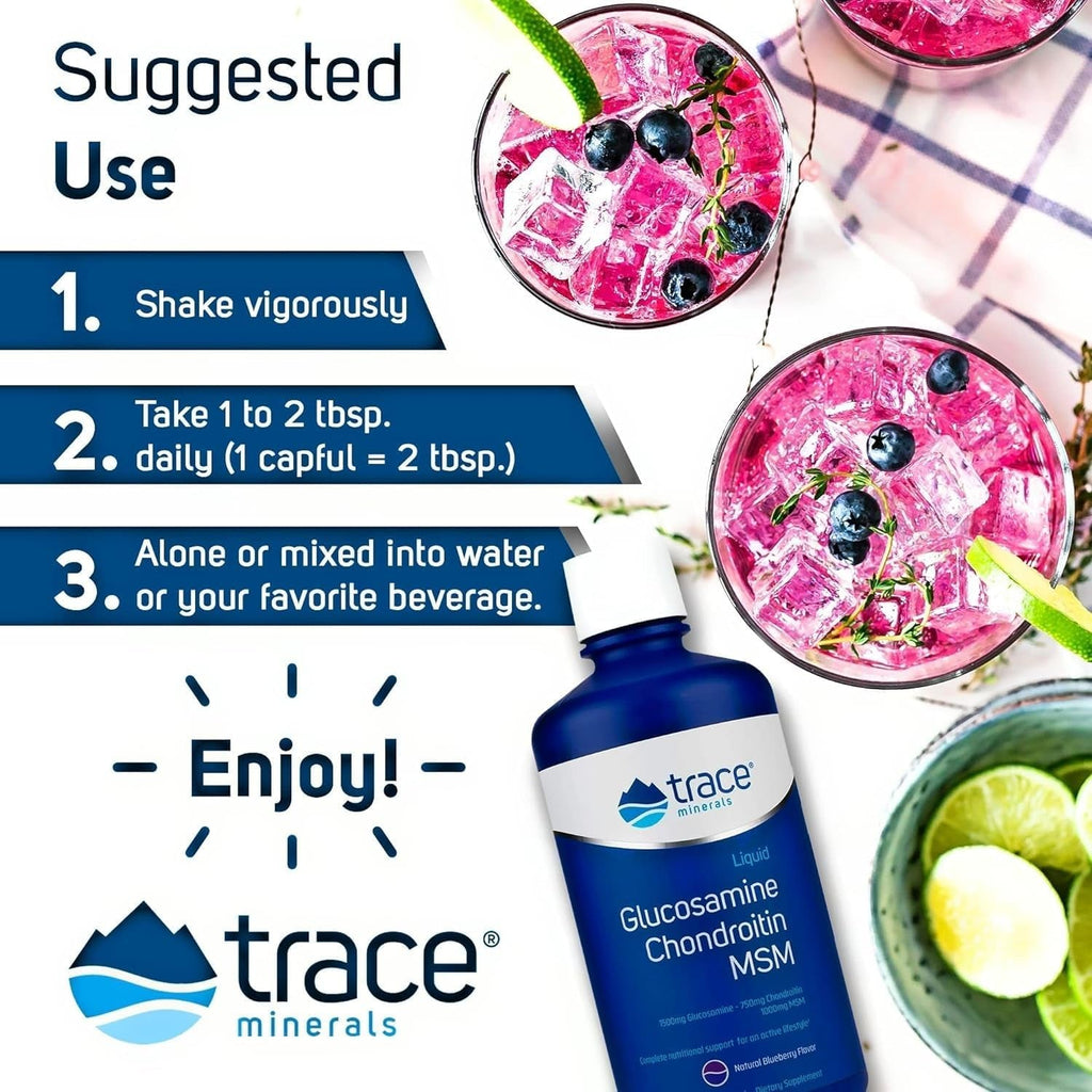 Trace Minerals | Liquid Glucosamine Chondroitin MSM | Complete Dietary Supplement for Active Lifestyle | Supports Joints, Cartilage and Mobility | Natural Blueberry Flavor | 32 Servings, 32 Fl Oz