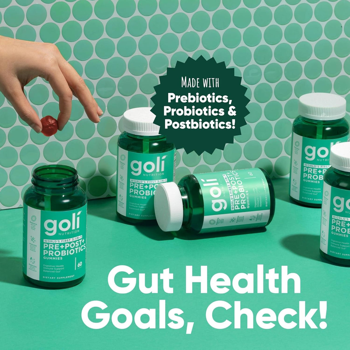 Goli Pre Pro Postbiotic Gummies - Worlds First 3-In-1 Formula with DE111 Probiotics, XOS Prebiotics, MCC1849 Postbiotics - Vegan, Non-Gmo, Gluten-Free