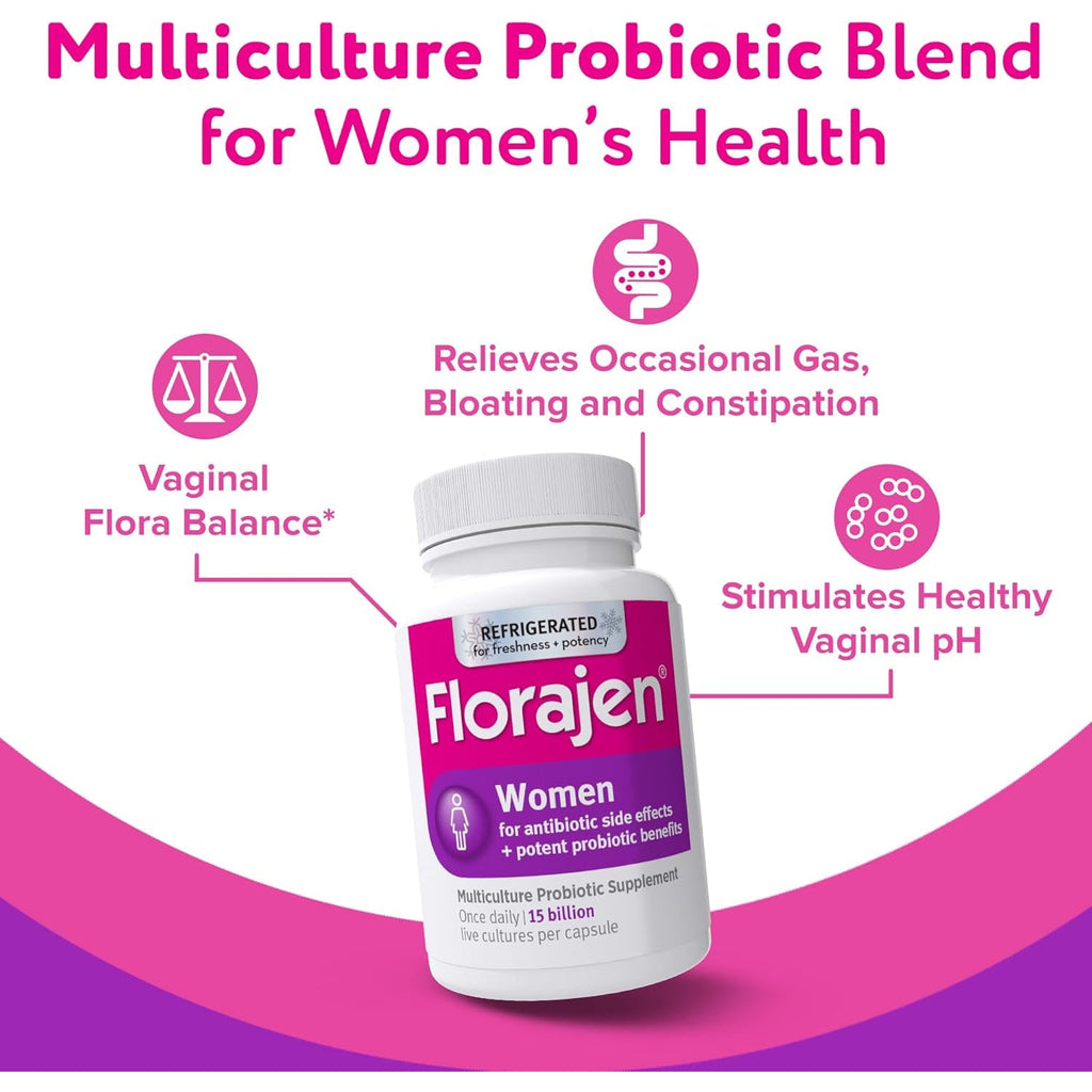 Florajen Women’S Vaginal Probiotic - Gut Health, Vaginal Ph Balance, & Constipation Relief - Multi-Strain Formula with Lactobacillus - Refrigerated for Potency - 60 Capsules