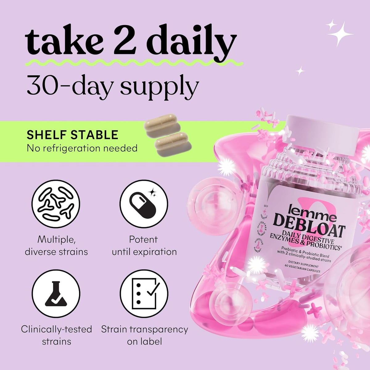 Lemme Debloat 3-In-1 Prebiotic, Probiotic & Digestive Enzyme Capsules for Bloating & Gas Relief - 2 Clinically Studied Probiotics W/5 Digestive Enzymes to Improve Digestion, Women & Men, (60 Count)