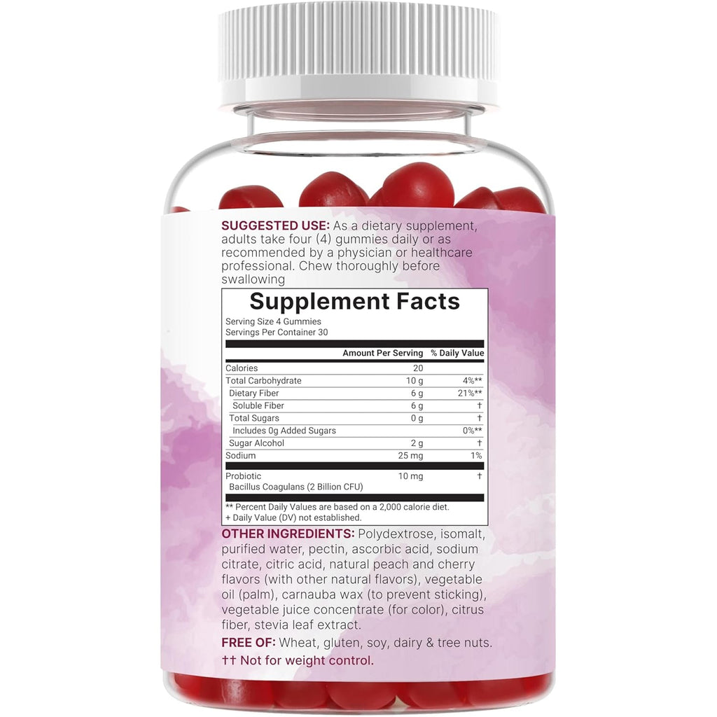 Micro Ingredients Fiber Gummies with Probiotics, 120 Count | 6G per Serving + 2 Billion CFU | Sugar Free Peach Cherry Flavor | High Fiber Supplement for Women & Men | Non-Gmo, Gluten Free